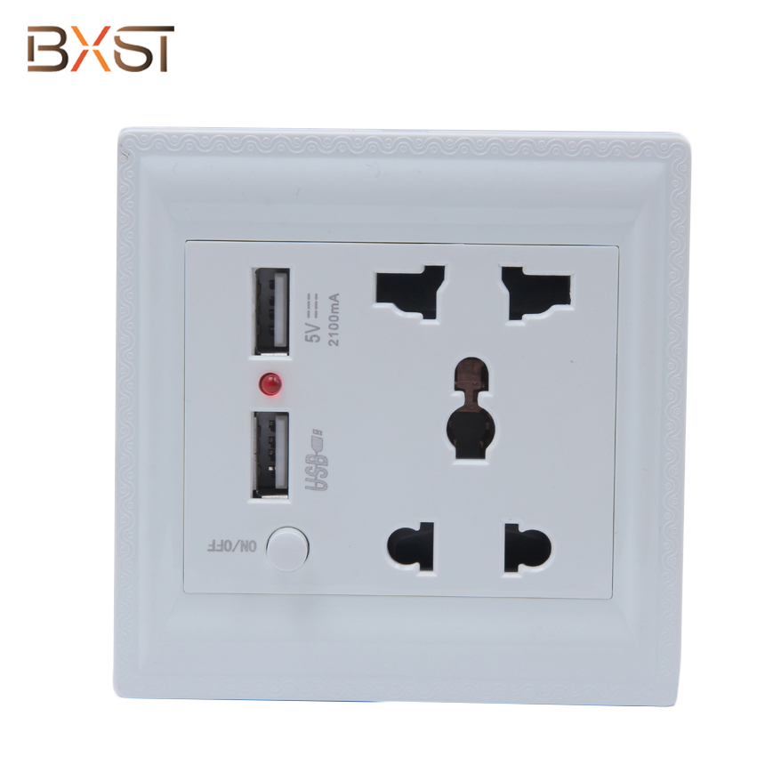 BX-USB002  White 250V USB Plug Wall Socket with On/Off Switch and Indicator Light