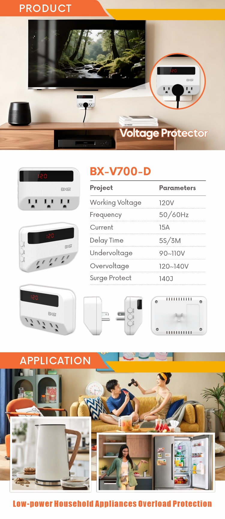 BX-V700-D 120V 15A Voltage Protector Over/Under Voltage Protection with LED Indicator US Standard